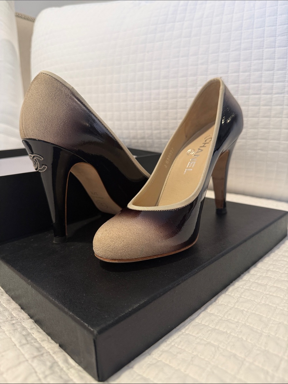 CHANEL Brown to Black Ombre Patent & Suede Pumps